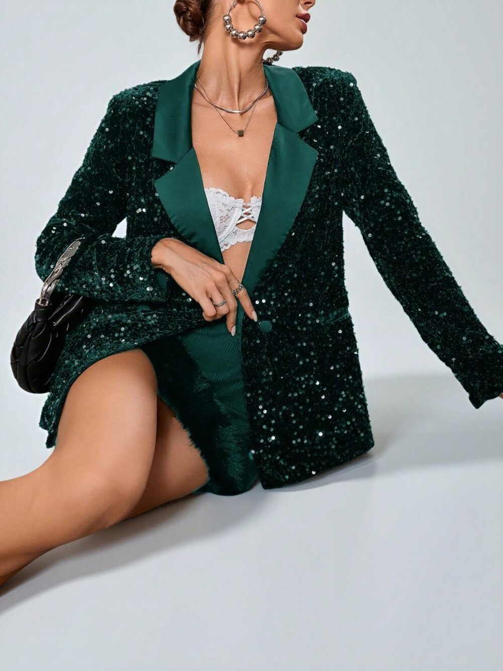 Dark Green Party Women's Design Loose Sequin Fabric Patchwork Blazer Jacket - Picture 7 of 8